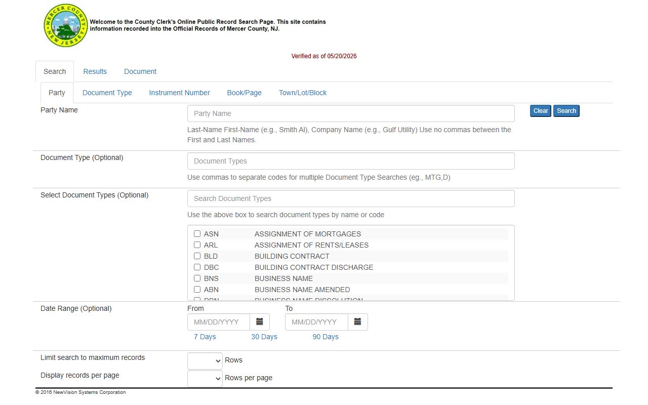 Mercer County Clerk public land-records search portal