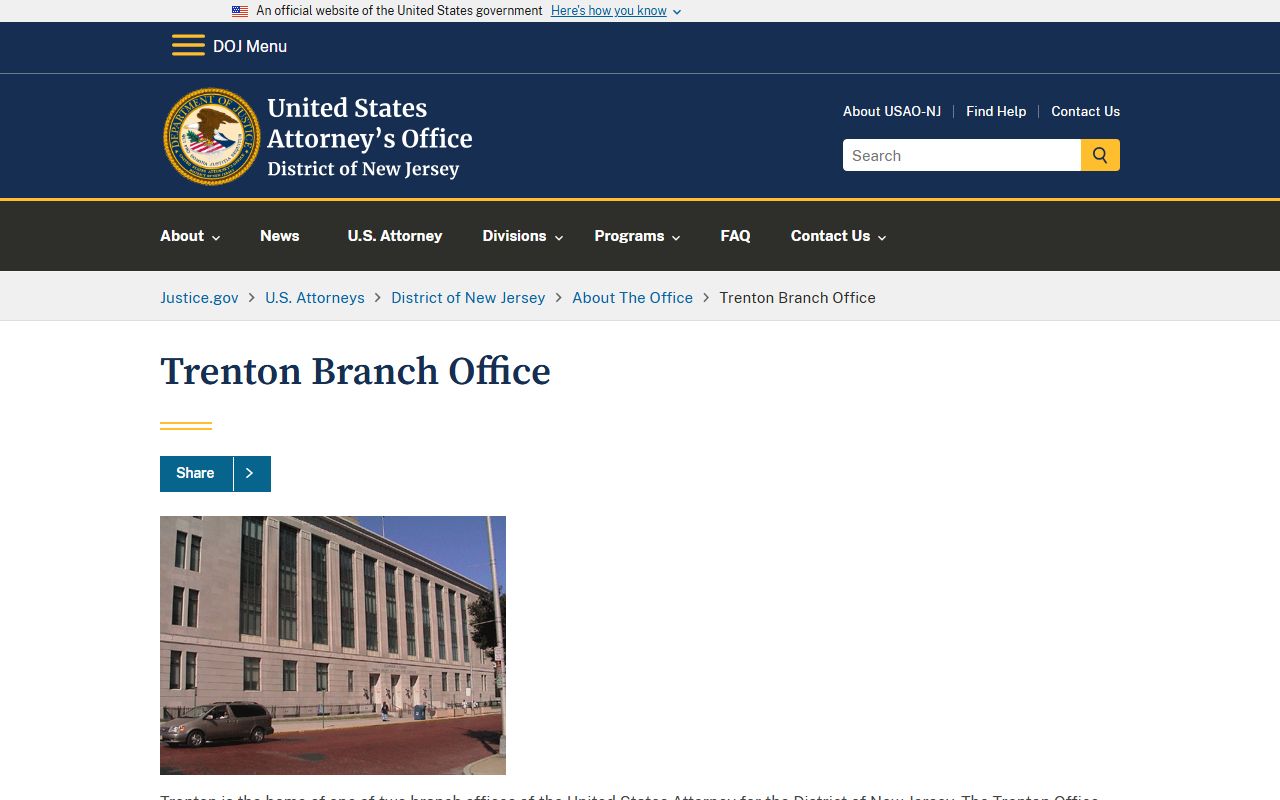 Mercer County federal criminal records U.S. Attorney Trenton Branch Office page