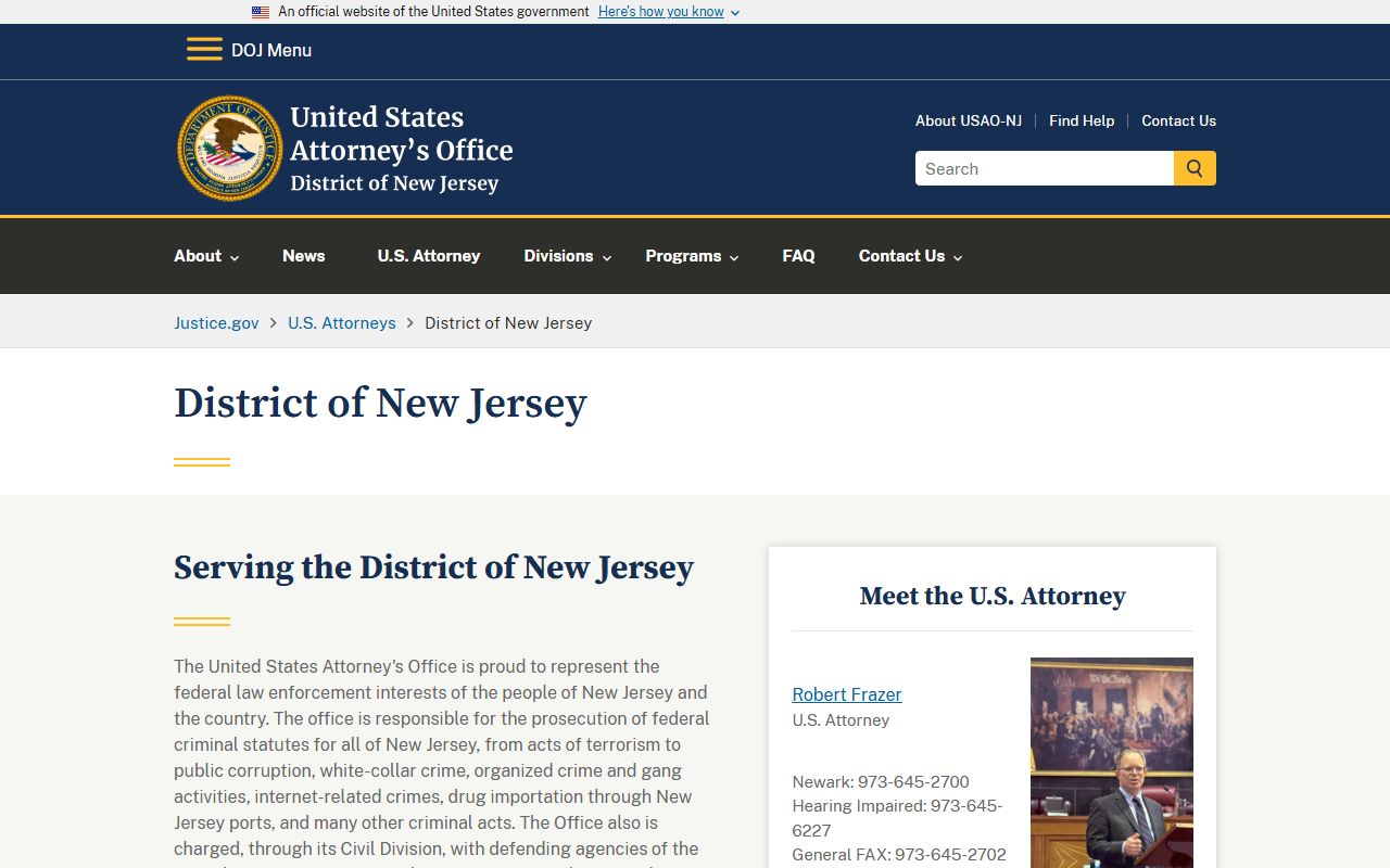 Mercer County federal criminal records U.S. Attorney for the District of New Jersey homepage