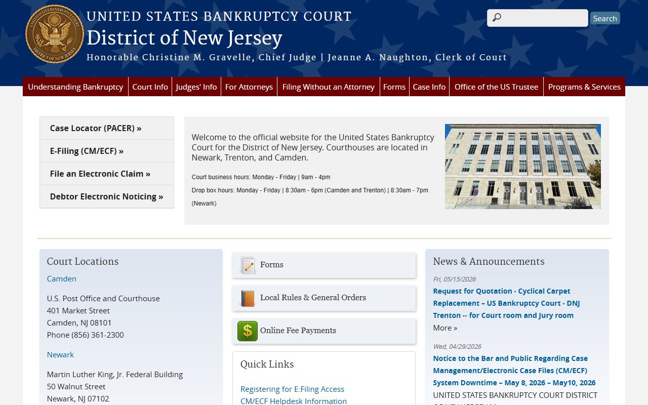 Mercer County federal bankruptcy U.S. Bankruptcy Court for the District of New Jersey