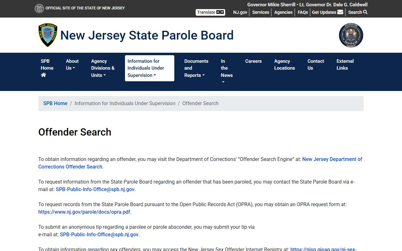 Mercer County inmate search links on the New Jersey State Parole Board offender search page