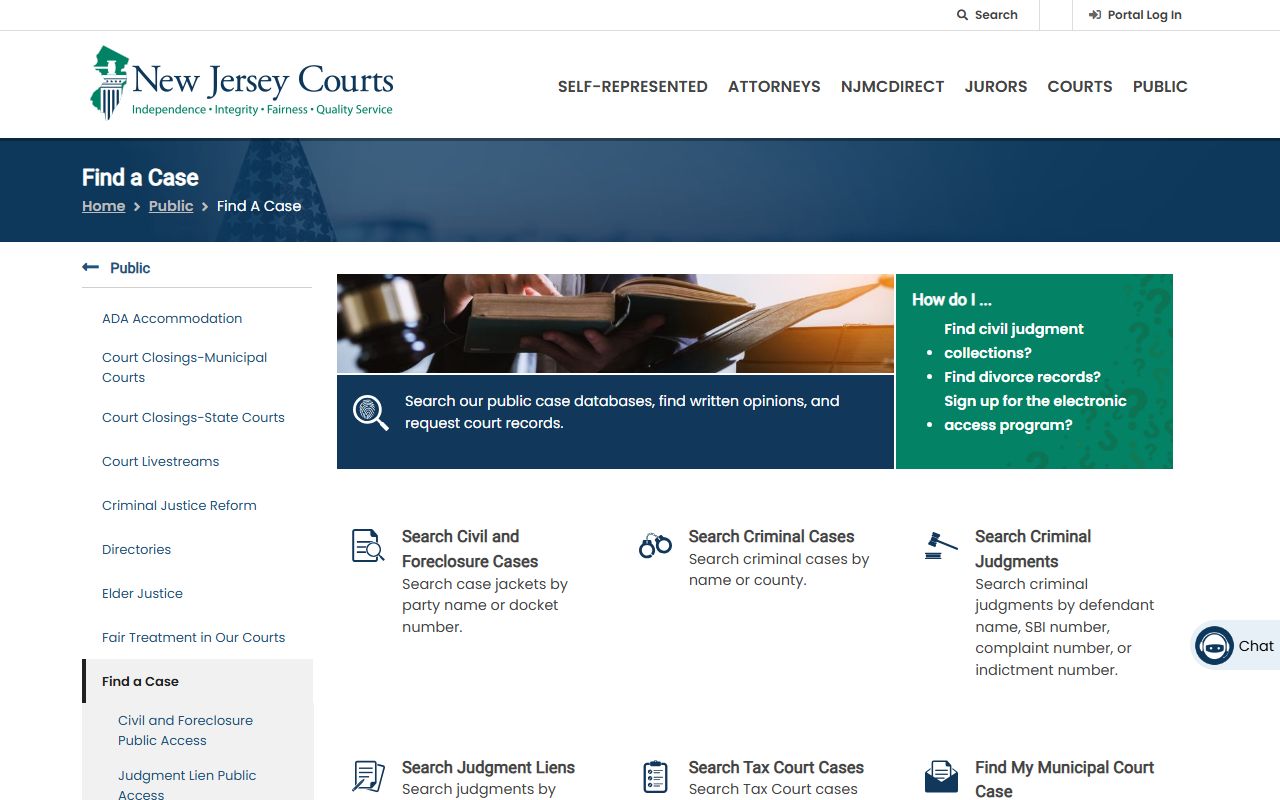 Mercer County court records search on the NJ Courts Find a Case landing page