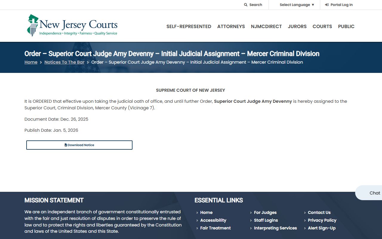 Mercer County Superior Court criminal division judicial assignment order