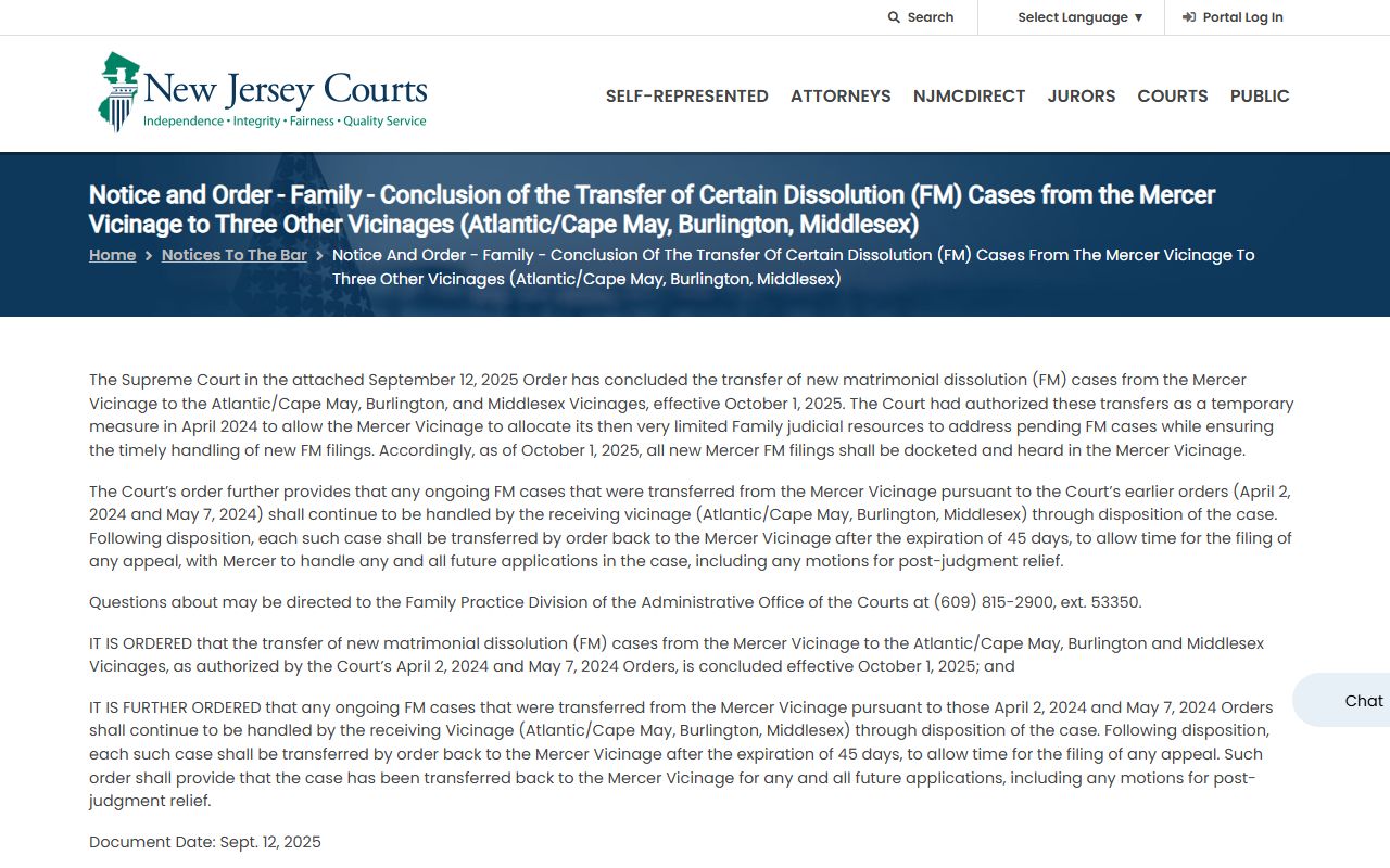 Mercer County divorce records family dissolution transfer notice from NJ Courts